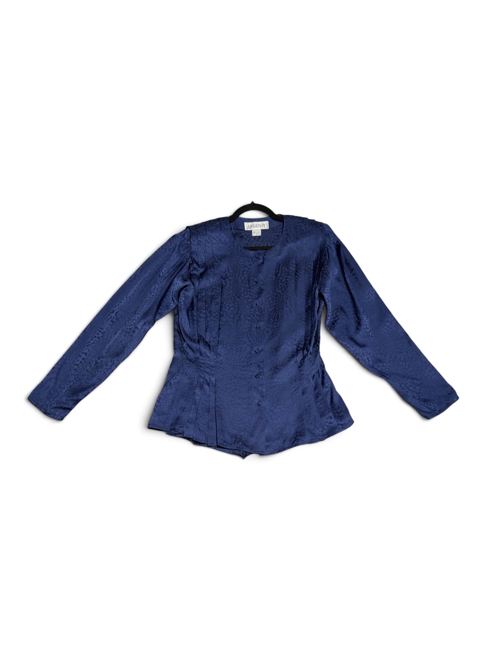 Vintage Argenti Women's Navy Blue 100% Pure Silk Button-Up Blouse Size 8